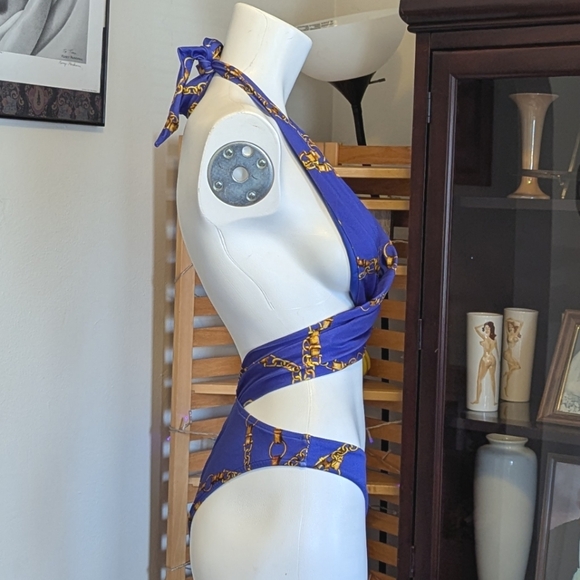 Victoria Secret Blue and Gold Chain Print Swimsuit - Picture 2 of 5